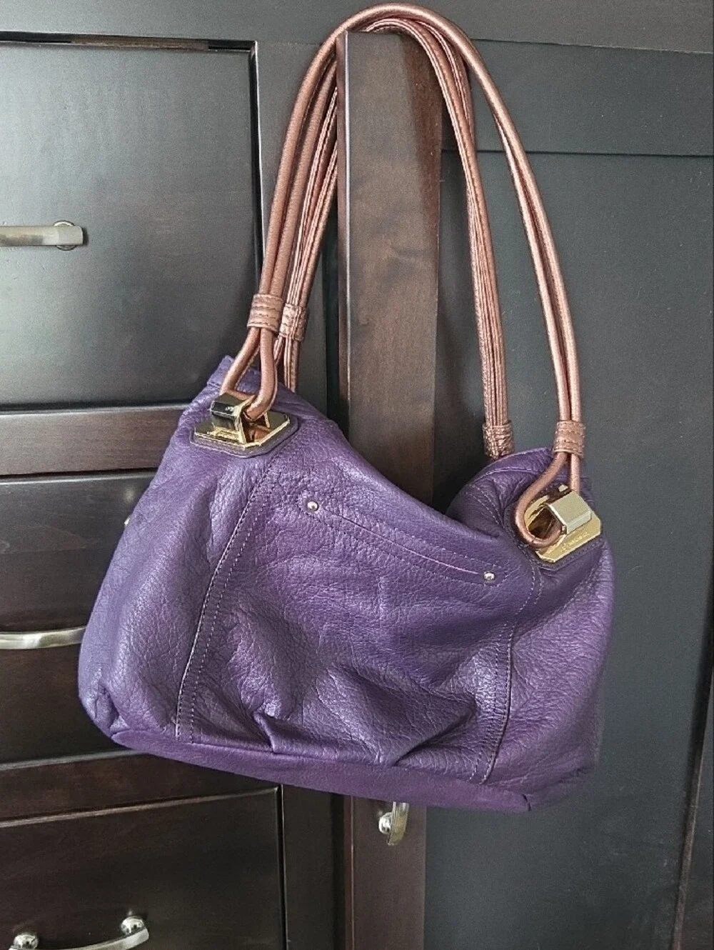 B. Makowsky Purple Pebbled Leather Slouchy Hobo Bag Bronze Straps